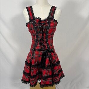 Hearts & Roses black red plaid mini dress lace up size 10 grunge punk alt